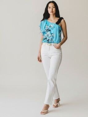 Ricki’s Sheer Floral Print One Shoulder Blouse Bubble Hem Blue Black White Small